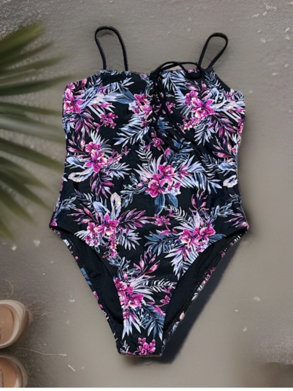 bebe Black One-Piece Swimsuit with Pink Floral Print